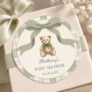 Sagegrön Preppy Gingham Teddybjörn Bebisshower Runt Klistermärke