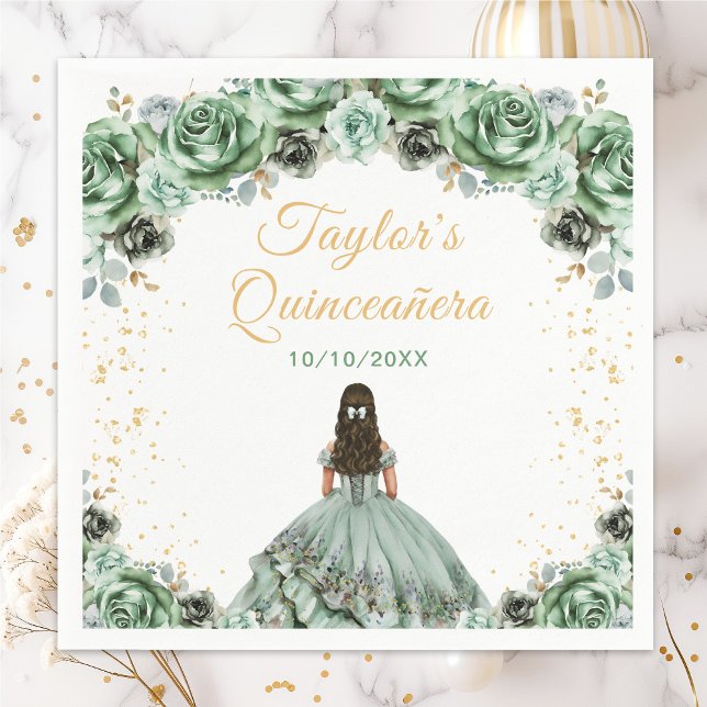 Sagegrön Prinsessa Blommig Quinceañera Pappersservett (Skapare uppladdad)