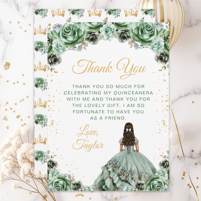 Sagegrön Prinsessa Blommig Quinceañera Tack Kort (Skapare uppladdad)
