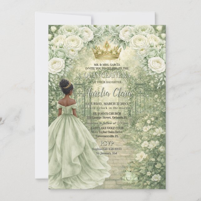 Sagegrön prinsessa & groda sagolik Quinceañera Inbjudningar (Framsida)