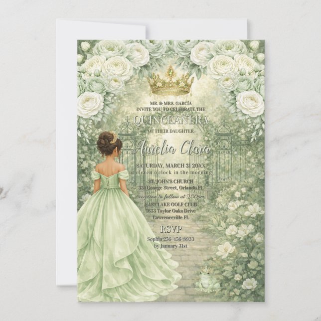 Sagegrön prinsessa & groda sagolik Quinceañera Inbjudningar (Framsida)