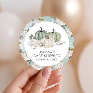 Sagegrön pumpa blomster höst baby shower runt klistermärke