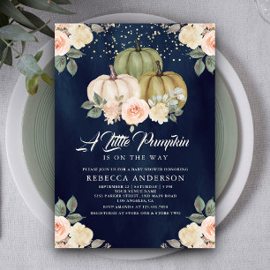 Sagegrön pumpa persiko blom- navy baby shower inbjudningar
