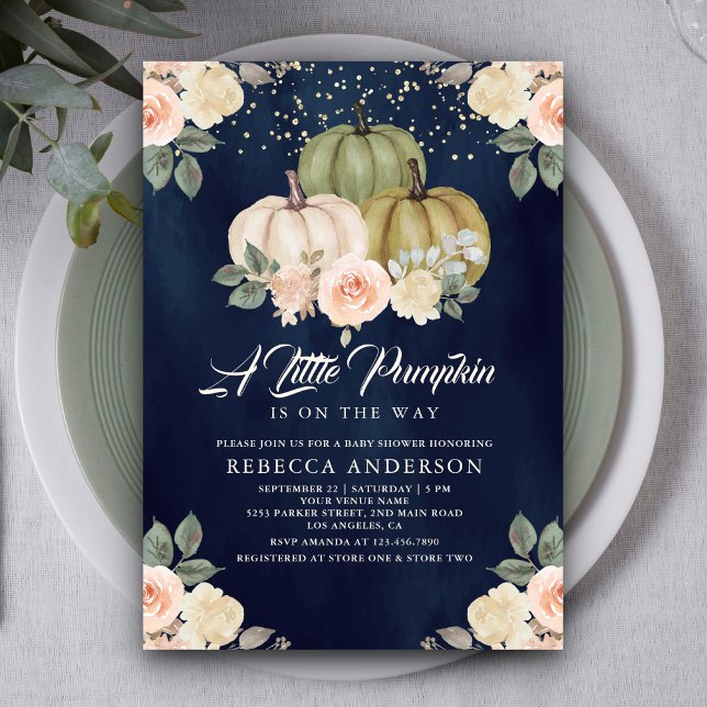 Sagegrön pumpa persiko blom- navy baby shower inbjudningar (Skapare uppladdad)