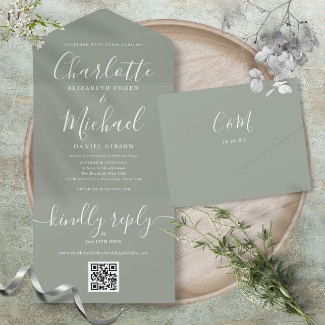 Sagegrön QR-kod skript minimalistisk bröllopsinbju (Sage Green QR Code Script Minimalist Wedding All In One Invitation)