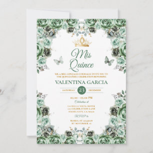 Sagegrön Quinceañera 15 År Blommor Guld Krona Inbjudningar
