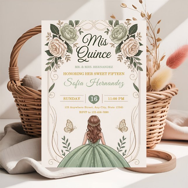 Sagegrön Quinceañera guld krona fjäril  Inbjudningar (Skapare uppladdad)
