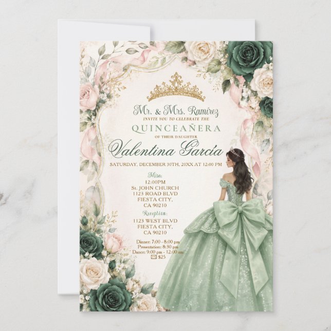 Sagegrön Quinceañera Prinsessa Inbjudan  (Framsida)