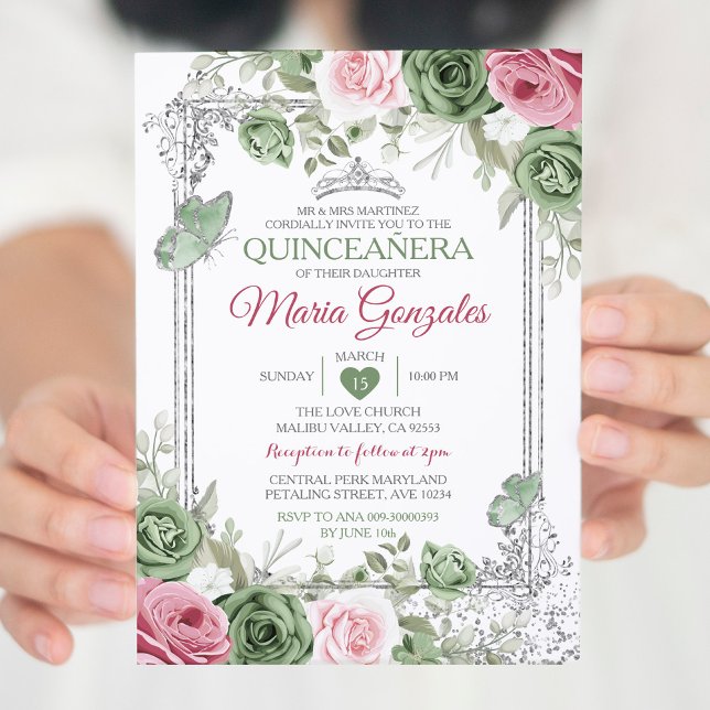 Sagegrön Quinceañera Rosa Silverkrona Fjäril Inbjudningar (Skapare uppladdad)