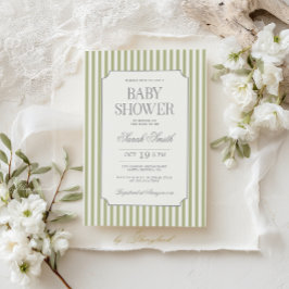 Sagegrön randig baby shower-inbjudan inbjudningar