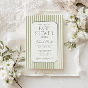 Sagegrön randig baby shower-inbjudan inbjudningar