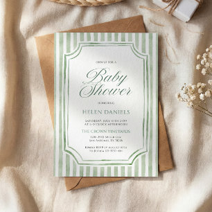 Sagegrön randig baby shower-inbjudan inbjudningar