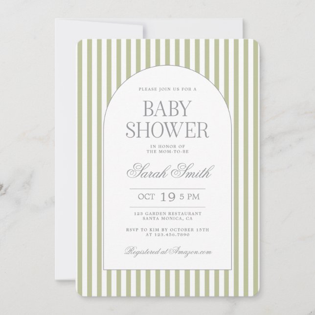Sagegrön randig baby shower-inbjudan inbjudningar (Framsida)