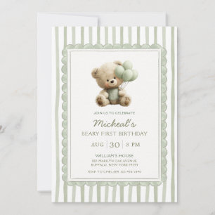 Sagegrön randig Beary Första födelsedagen  Inbjudningar
