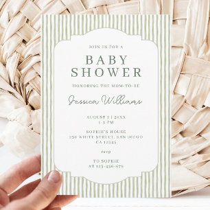 Sagegrön randig könsneutral baby shower inbjudningar