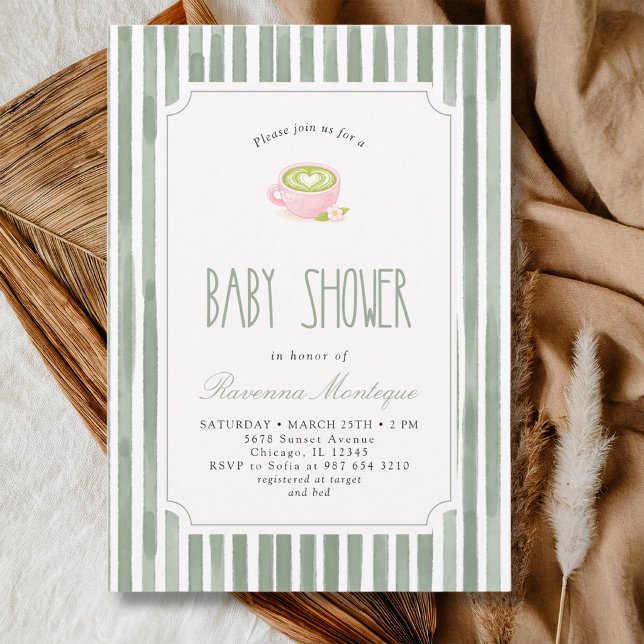 Sagegrön randig Matcha-te Vintage Baby Shower Inbjudningar (Skapare uppladdad)