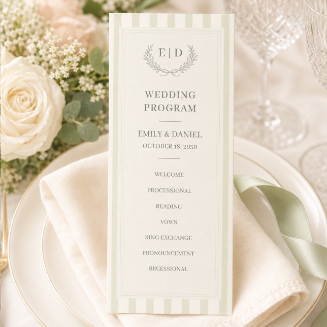 Sagegrön randig monogram bröllop program (Skapare uppladdad)