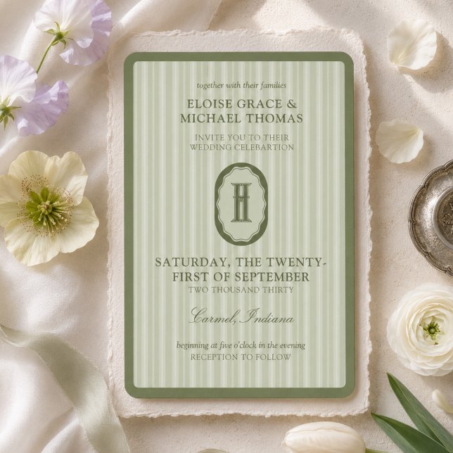 Sagegrön randig monogram bröllopsinbjudan inbjudningar (Sage Green Stripe Monogram Wedding Invitation)