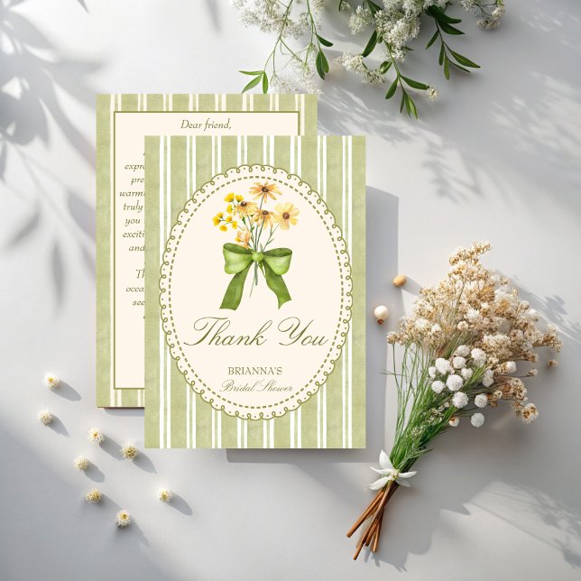 Sagegrön randig retro elegant bröllopsdusch tack kort (Sage green retro stripes grand millennial bridal shower elegant thank you cards)