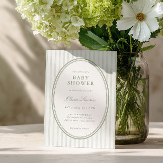 Sagegrön randig snygg baby shower-inbjudan inbjudningar
