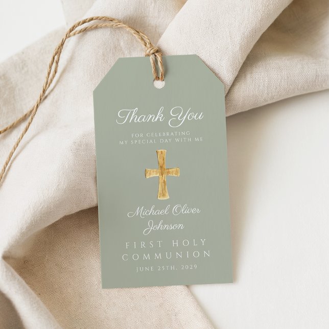 Sagegrön religiös kors första kommunion  presentetikett (Sage Green Religious Cross First Communion Gift Tags)