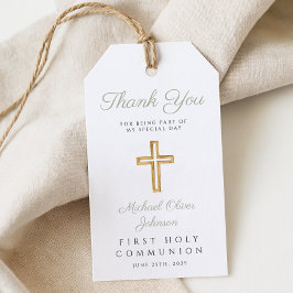 Sagegrön religiös kors-första kommunion presentetikett
