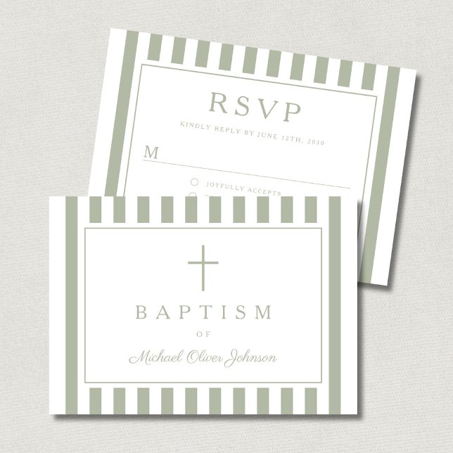 Sagegrön religiös kors pojke dop  OSA kort (Sage Green Religious Cross Boy Baptism RSVP Card)