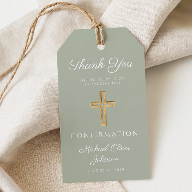 Sagegrön religiös kors pojke konfirmation presentetikett (Sage Green Religious Cross Boy Confirmation Gift Tags)