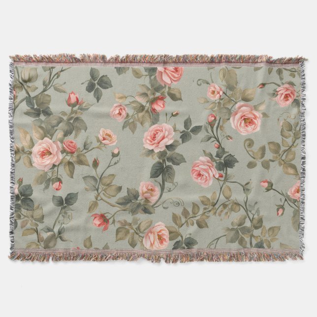 Sagegrön Retro Maximalist Blomma Filt (Framsidan)