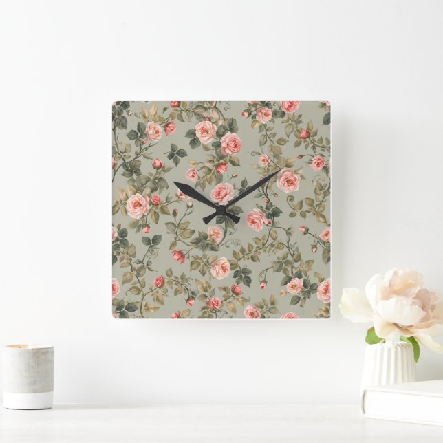 Sagegrön Retro Maximalist Blomma Fyrkantig Klocka (Hem)