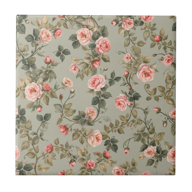 Sagegrön Retro Maximalist Blomma Kakelplatta (Framsidan)