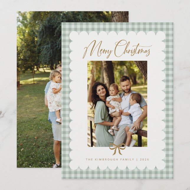Sagegrön Retro Scalloped Gingham Julfotografi Julkort (Fram/baksida)