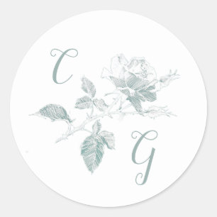 Sagegrön Ros Linje Konst Monogram Bröllop Runt Klistermärke
