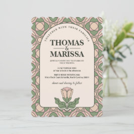 Sagegrön & Rosa Art Nouveau Blommig Bröllop Inbjudningar