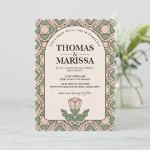 Sagegrön & Rosa Art Nouveau Blommig Bröllop Inbjudningar