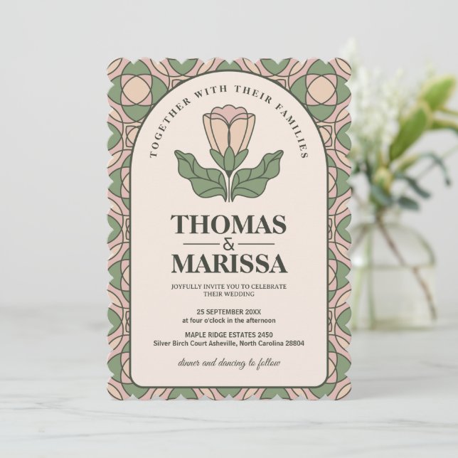 Sagegrön & Rosa Art Nouveau Blommig Bröllop Inbjudningar (Stående Fram)