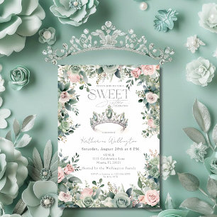 Sagegrön rosa blomster tiara krona silver Sweet 16 Inbjudningar