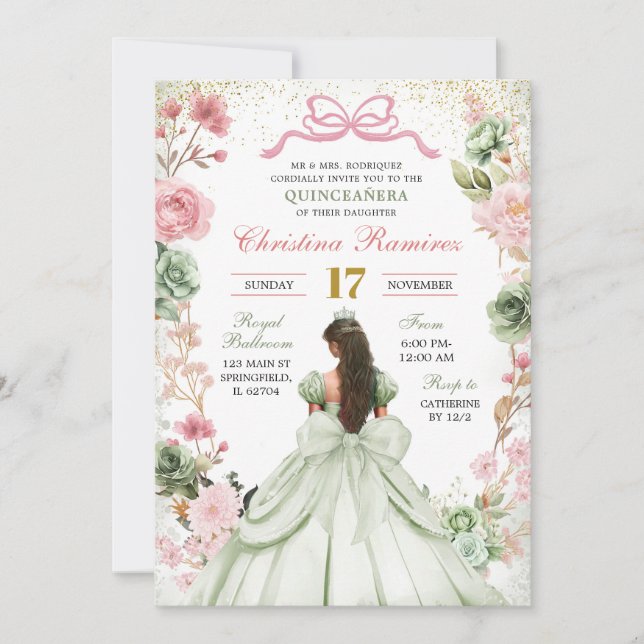 Sagegrön Rosa Coquette Bow Prinsessa Quinceanera Inbjudningar (Framsida)