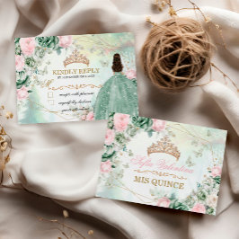 Sagegrön rosa glitterklänning Quinceanera 15 år Anteckningskort