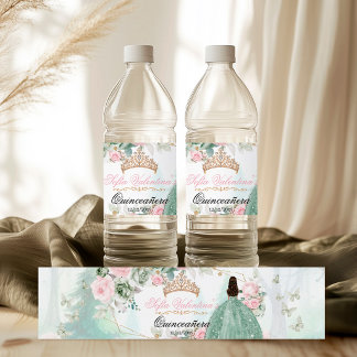 Sagegrön rosa glitterklänning Quinceanera 15 år Vattenflaskor Etikett