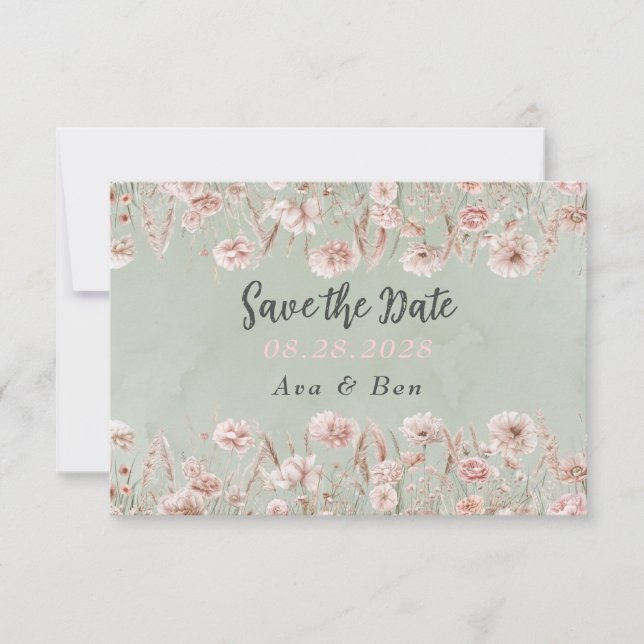Sagegrön rosa peony bröllop Save The Date-kort Tack Kort (Framsida)