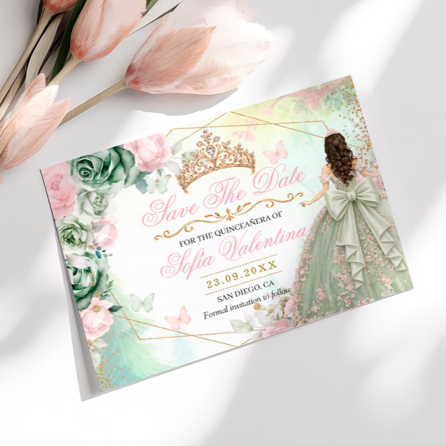 Sagegrön rosablommande Quinceanera Spara Datumet (Skapare uppladdad)