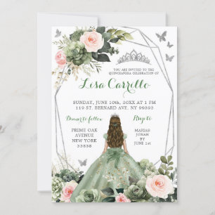 Sagegrön rosablommig prinsessa Quinceañera Inbjudningar