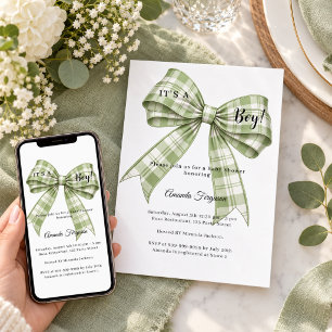 Sagegrön rosett pojke tartan Baby Shower Inbjudningar