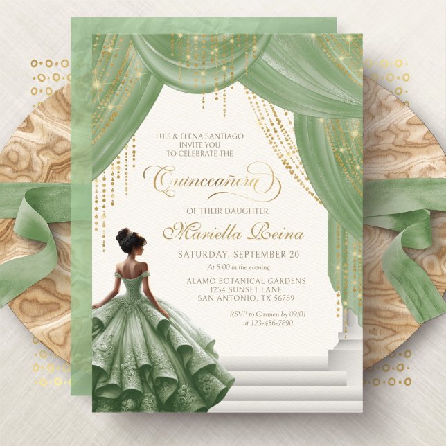 Sagegrön Royal Sagomodern Quinceanera Inbjudningar (Skapare uppladdad)