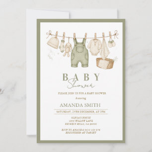 Sagegrön rustik hängande klädstreck Babyshower Inbjudningar