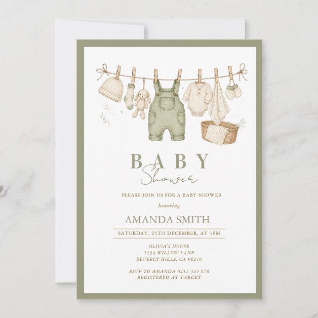 Sagegrön rustik hängande klädstreck Babyshower  Inbjudningar (Framsida)