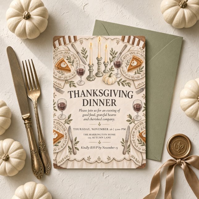 Sagegrön rustik Thanksgiving-middagsbord Inbjudningar (Skapare uppladdad)