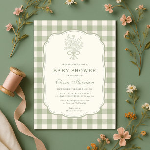 Sagegrön Rutig Blommig Babyshower Inbjudningar