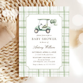 Sagegrön rutig golf baby shower inbjudan 
